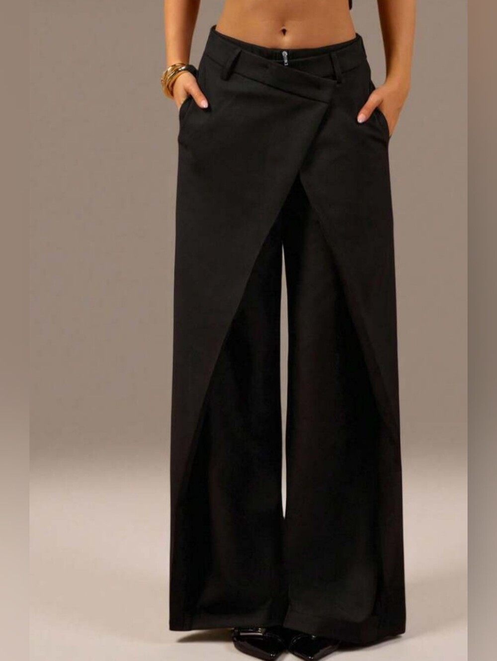 KBB By Kahlana Black Wrap-Front Wide Leg Trousers